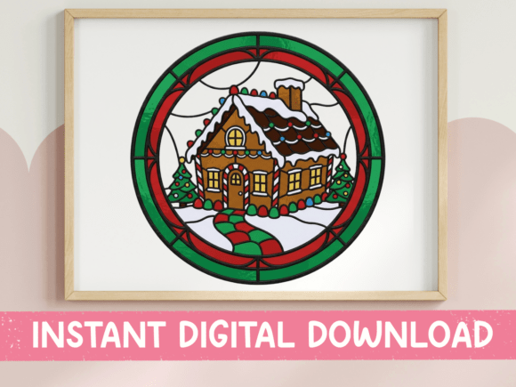 Christmas Cottage Stained Glass SVG PNG: Graphics for T-Shirt Designs & Local Branding